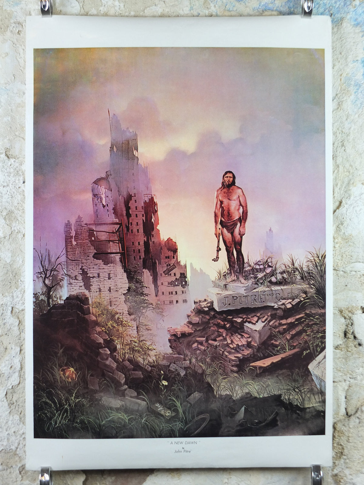 1973 John Pitre Poster, A New Dawn from 1965, American visionary art painter and surrealist, caveman in ruined city, wall art decor