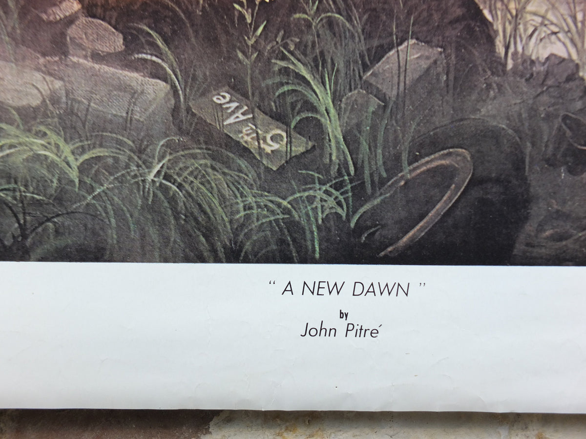 1973 John Pitre Poster, A New Dawn from 1965, American visionary art painter and surrealist, caveman in ruined city, wall art decor