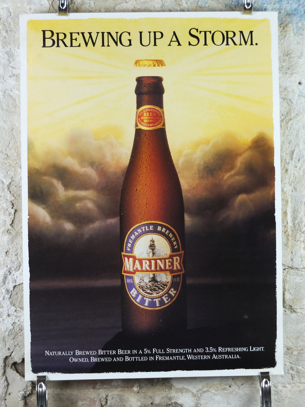 1993 Mariner Bitter Poster, Brewing up a Storm, Fremantle Brewing Co Australia, advertising lager beer, wall art decor