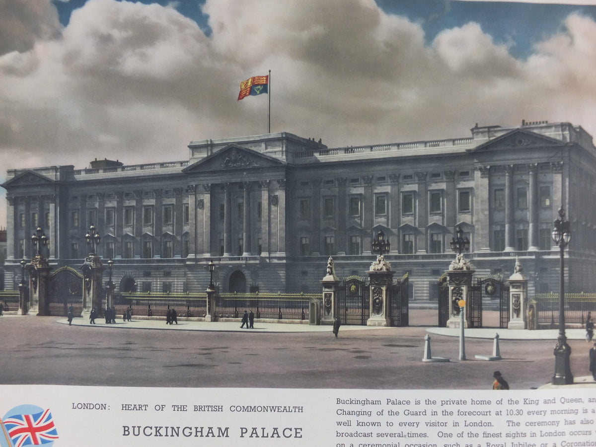 1940s Vintage Buckingham Palace Poster, World War 2, WW2, London - Heart of the British Commonwealth, original print, retro wall art decor
