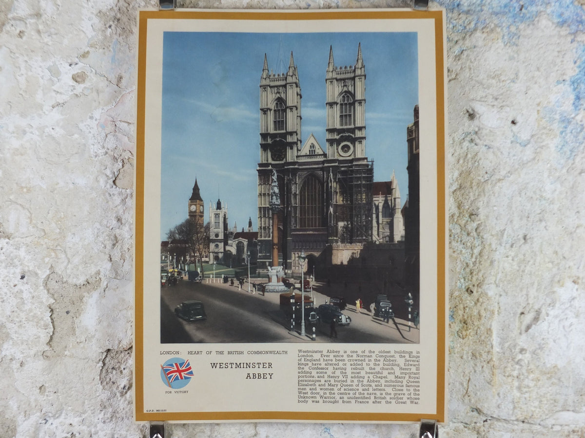 1940s Westminster Abbey Poster, World War 2, WW2, London - Heart of the British Commonwealth, original print, wall art decor