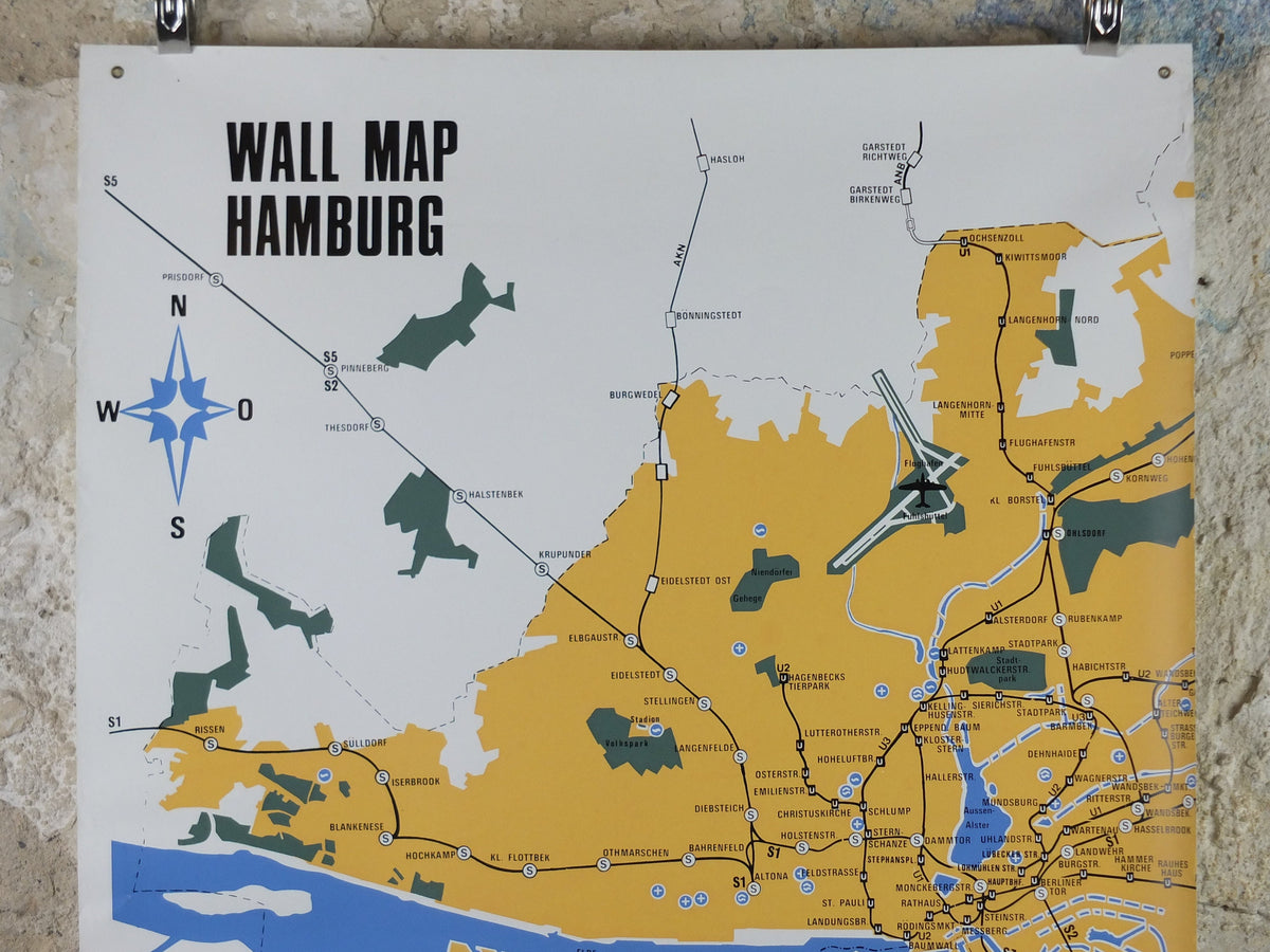 1968 Hamburg Rail Map Double Sheet Poster, Hamburger Bahnplan, Elbe, modernism Wall Map, travel tourism holiday vacation wall art decor