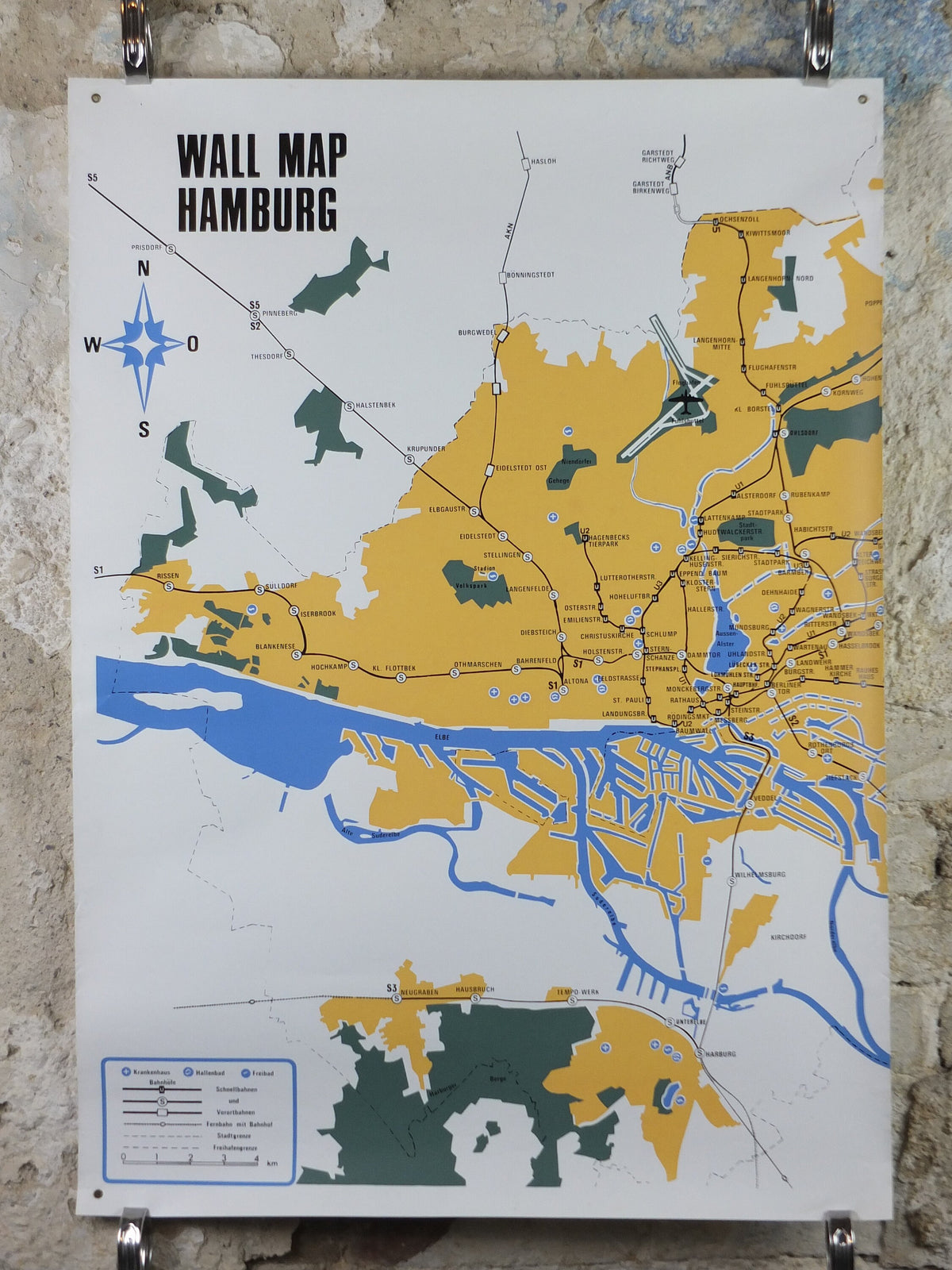 1968 Hamburg Rail Map Double Sheet Poster, Hamburger Bahnplan, Elbe, modernism Wall Map, travel tourism holiday vacation wall art decor