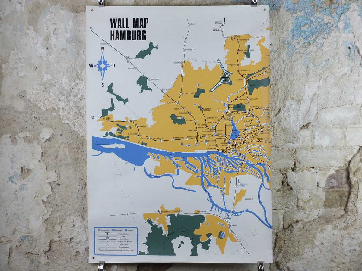 1968 Hamburg Rail Map Double Sheet Poster, Hamburger Bahnplan, Elbe, modernism Wall Map, travel tourism holiday vacation wall art decor