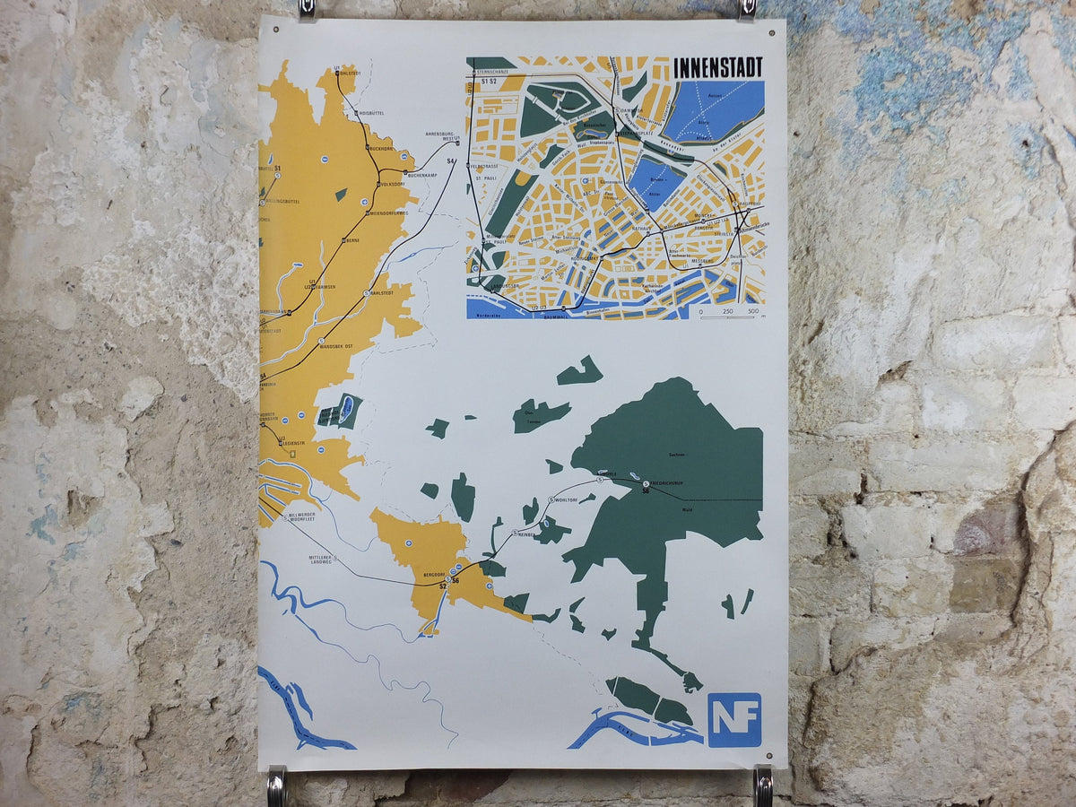 1968 Hamburg Rail Map Double Sheet Poster, Hamburger Bahnplan, Elbe, modernism Wall Map, travel tourism holiday vacation wall art decor