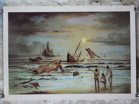 1973 John Pitre Poster, Tomorrow, American visionary art painter and surrealist, post apocolyptic world, ruins and cavemen, wall art decor