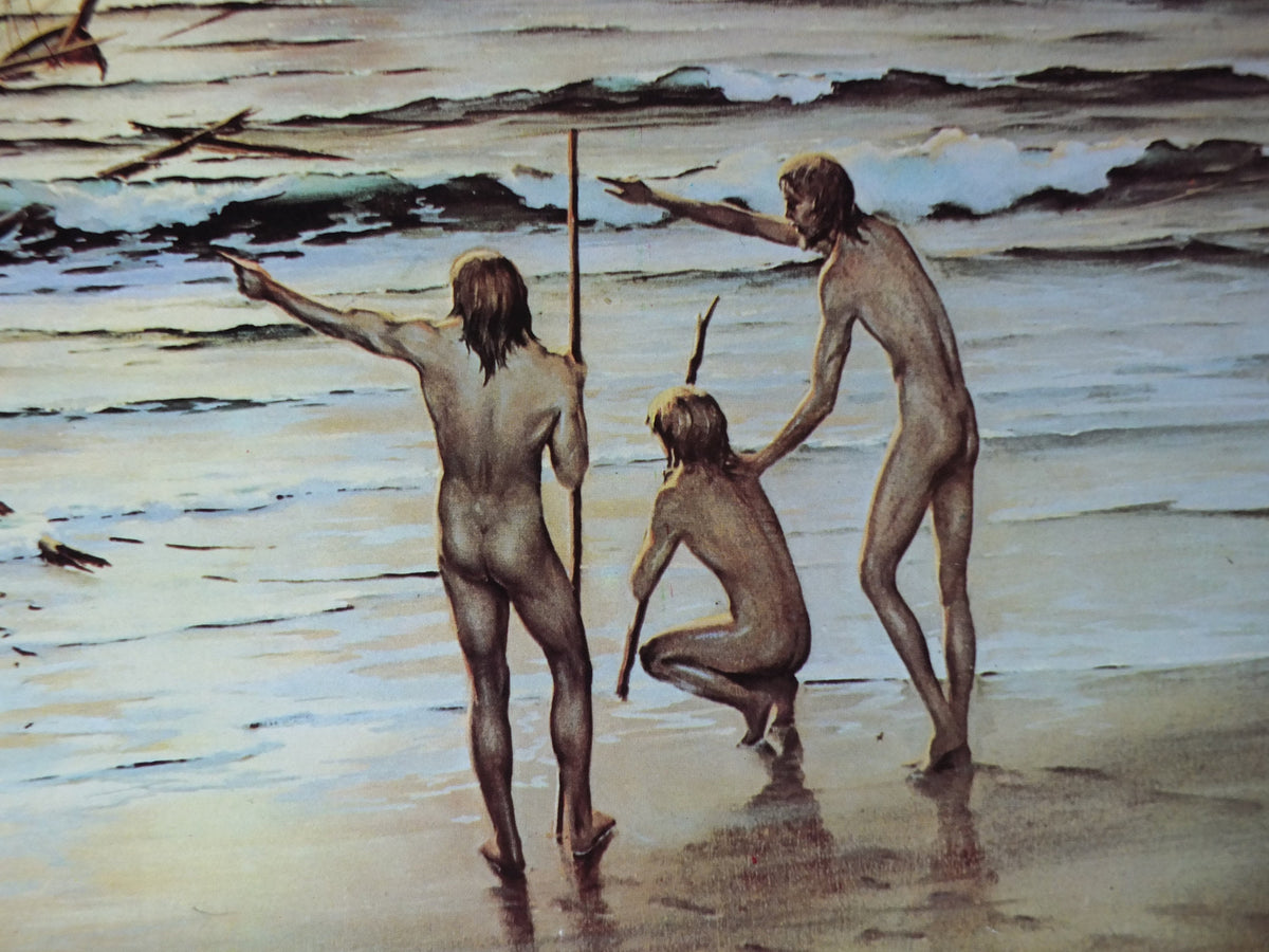 1973 John Pitre Poster, Tomorrow, American visionary art painter and surrealist, post apocolyptic world, ruins and cavemen, wall art decor