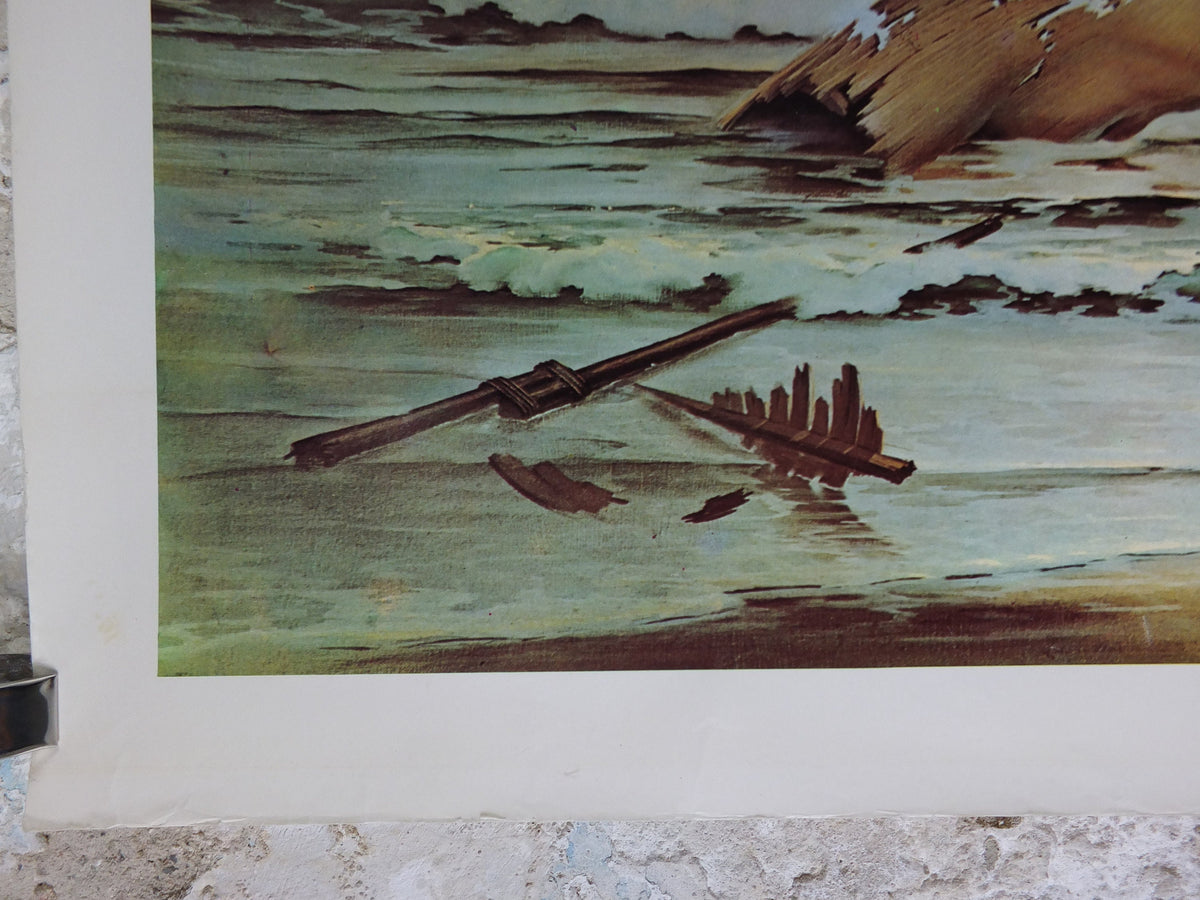 1973 John Pitre Poster, Tomorrow, American visionary art painter and surrealist, post apocolyptic world, ruins and cavemen, wall art decor