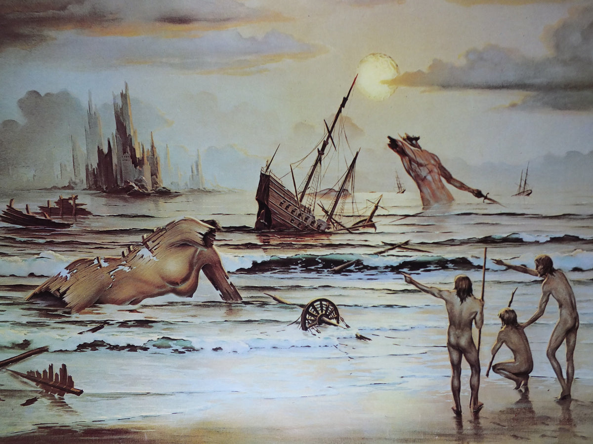 1973 John Pitre Poster, Tomorrow, American visionary art painter and surrealist, post apocolyptic world, ruins and cavemen, wall art decor