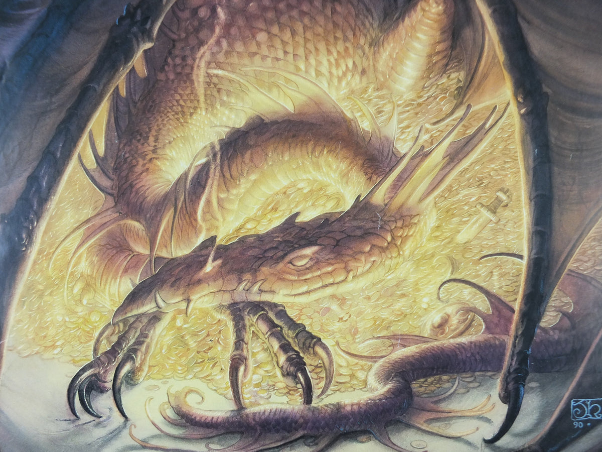 1992 Vintage Tolkien Centenary The Hobbit Poster, Smaug and the dragon hoard, Lonely Mountain, John Howe, illustration print wall art decor