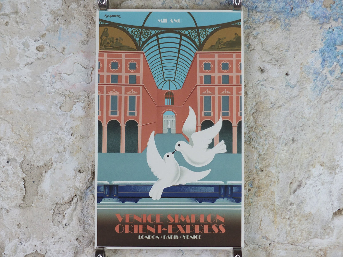 Original Venice Simplon Orient Express Poster, Milan by Fix Masseau, Doves, 1985 limited edition of 200, train, art deco, wall art decor