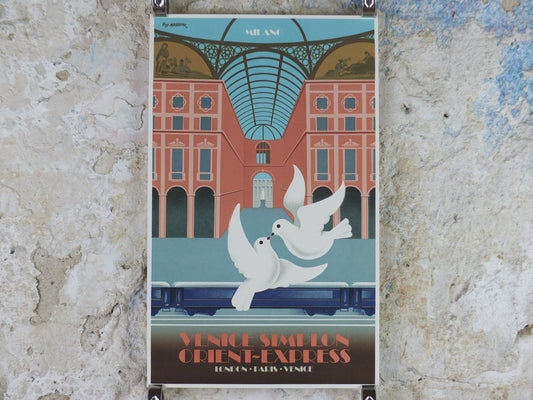 Original Venice Simplon Orient Express Poster, Milan by Fix Masseau, Doves, 1985 limited edition of 200, train, art deco, wall art decor