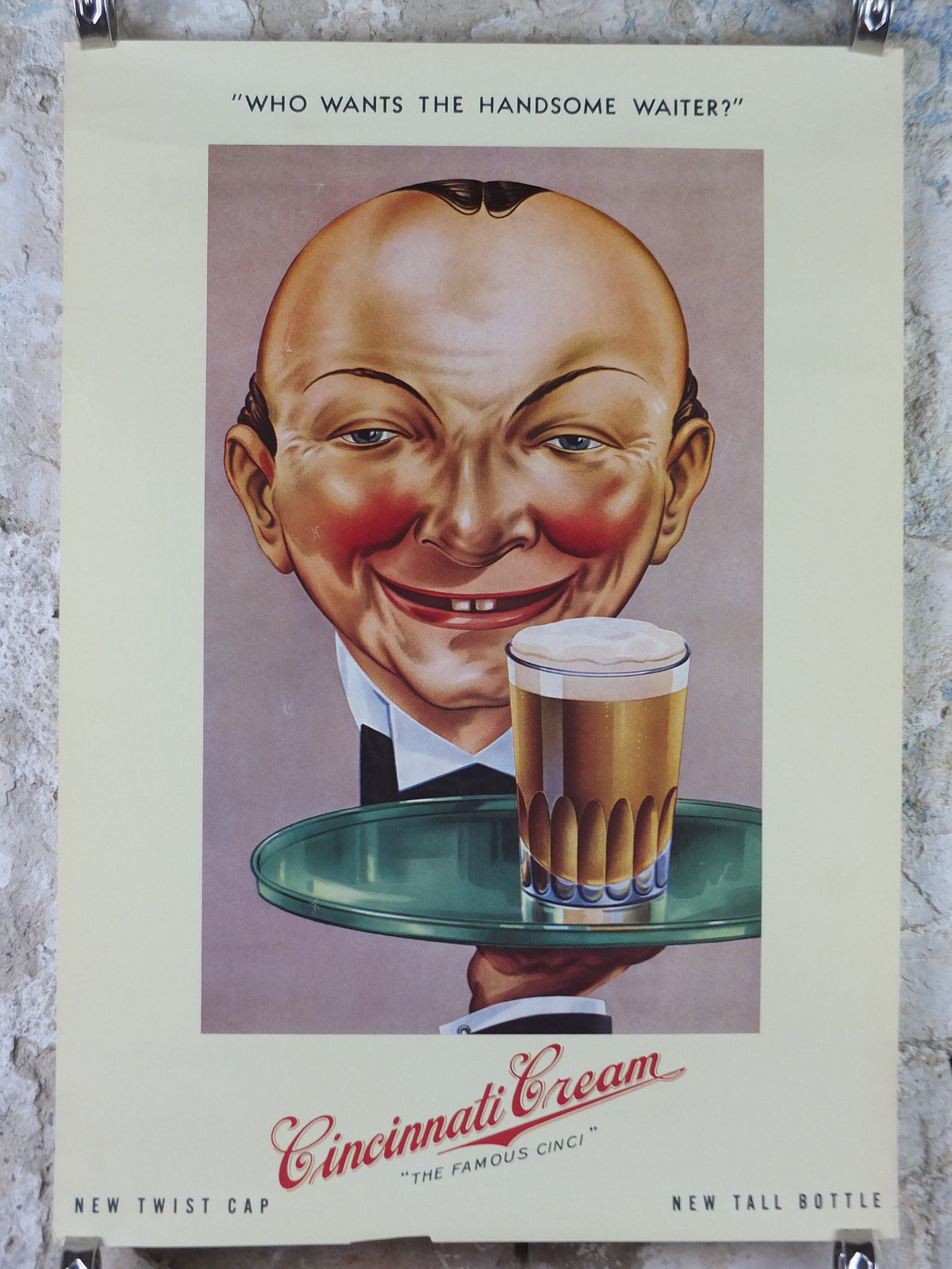1980s Cincinatti Cream Poster, The Famous Cinci, Who wants the handsome waiter, advertising lager beer, wall art decor