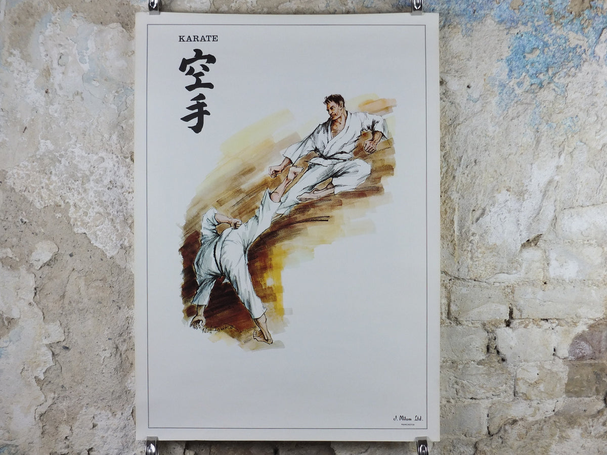 Vintage Karate Poster, Martial Arts showing a flying kick from J Milom, Manchester, Dojo sport, wall art decor 1960s