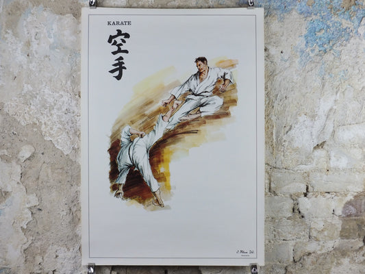Vintage Karate Poster, Martial Arts showing a flying kick from J Milom, Manchester, Dojo sport, wall art decor 1960s