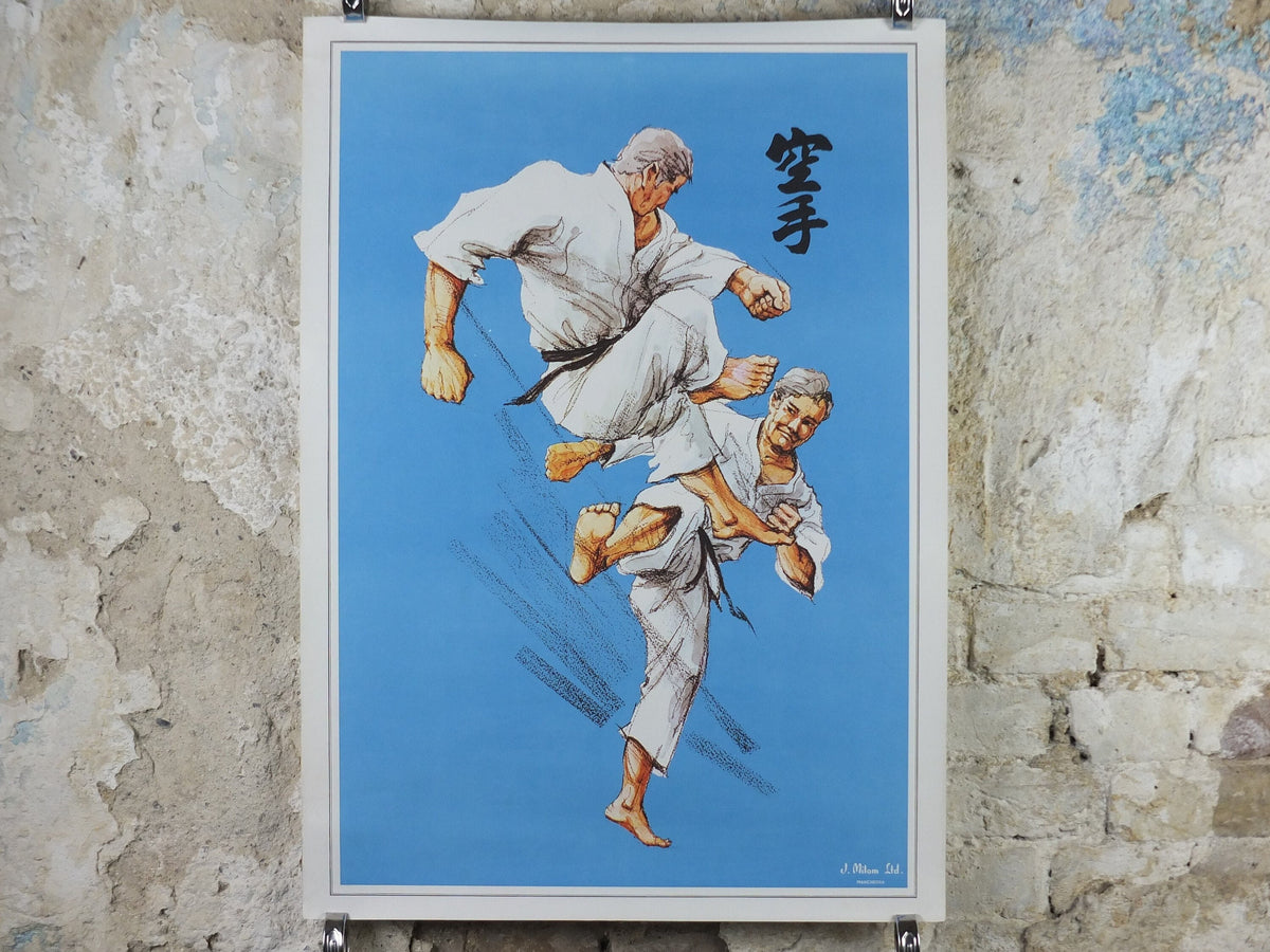 Vintage Karate Poster, Martial Arts showing a flying kick from J Milom, Manchester, Dojo sport, wall art decor 1960s