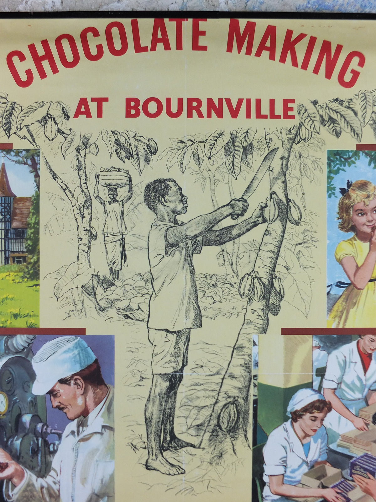 Original 1960s Cadbury Chocolate Poster, Chocolate making in Bournville, Cadburys Advertising, wall art retro decor