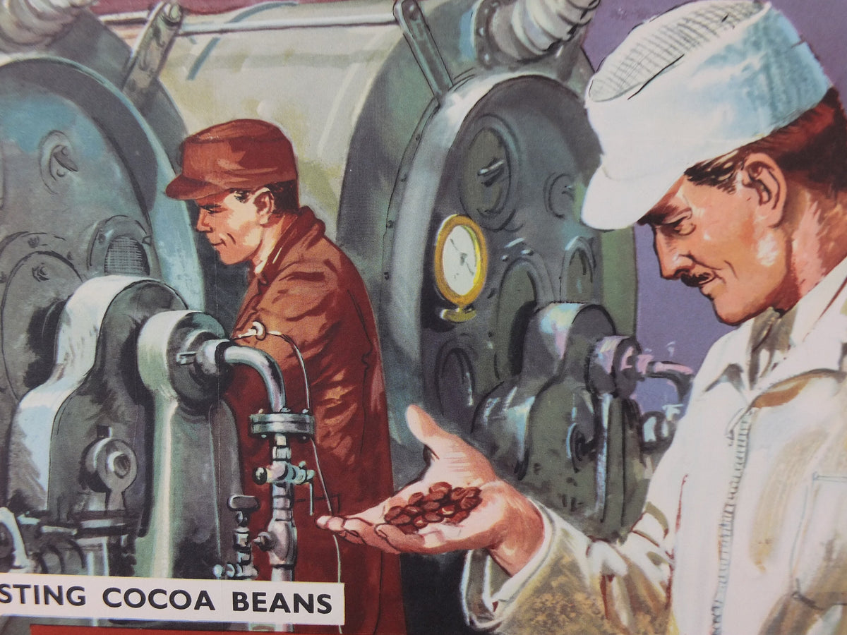 Original 1960s Cadbury Chocolate Poster, Chocolate making in Bournville, Cadburys Advertising, wall art retro decor