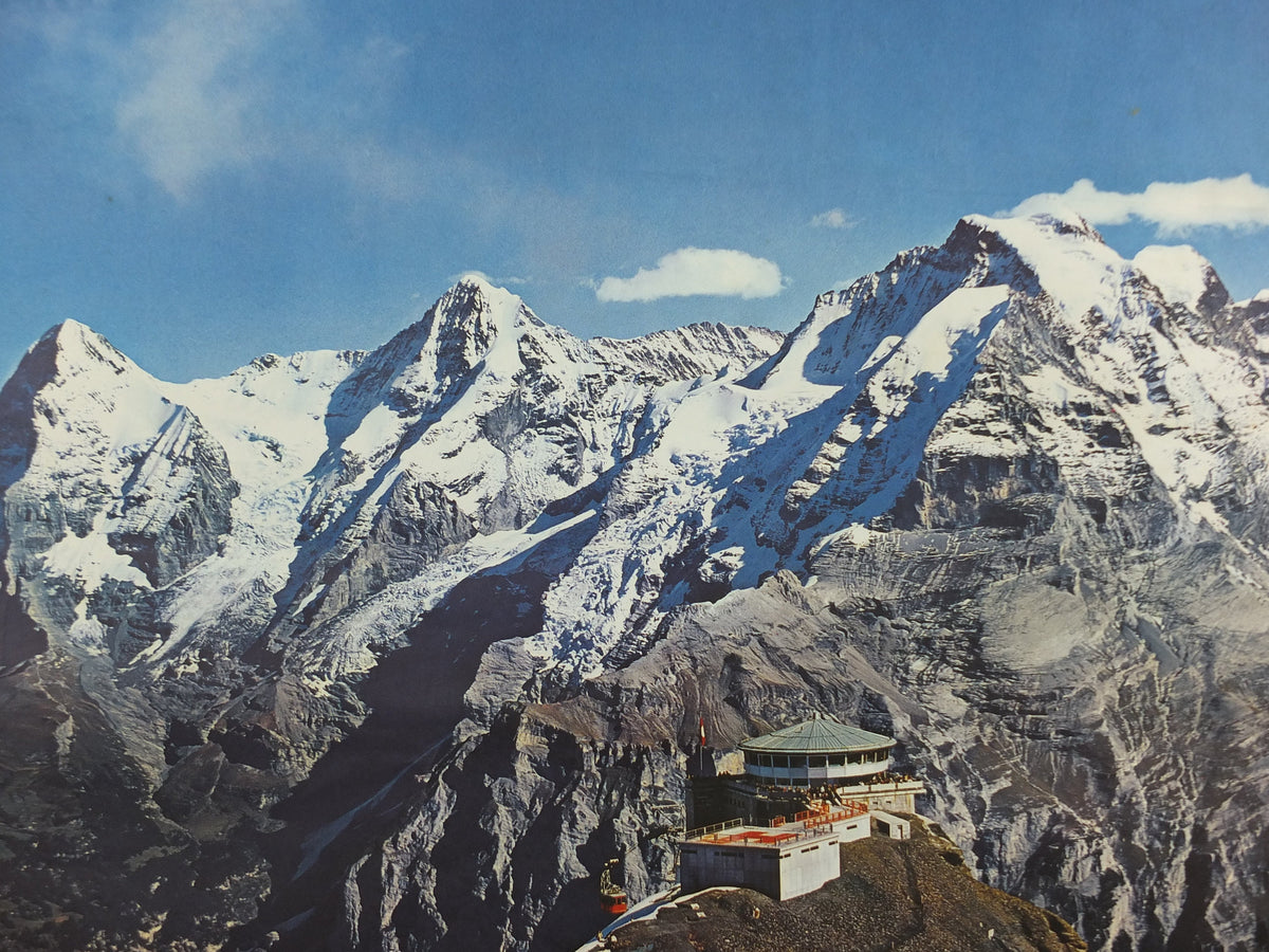 1960s Schilthornbahn Skiing Poster, Murren, Switzerland, Schweiz, Suisse, damaged, Piz Gloria Mountain, tourism vacation wall art decor