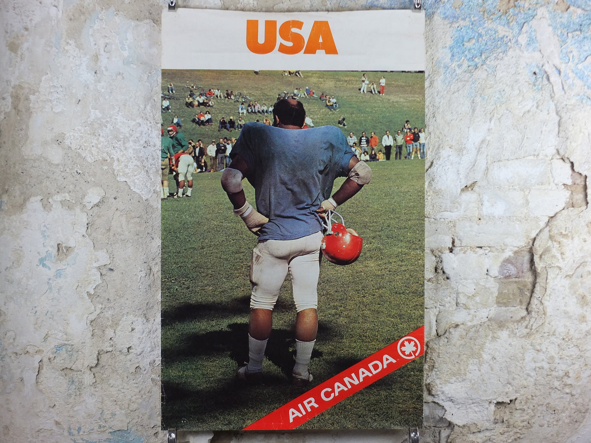 1970s Air Canada to USA Poster, Football Gridiron player, United States of America, sports, tourism vacation wall art decor