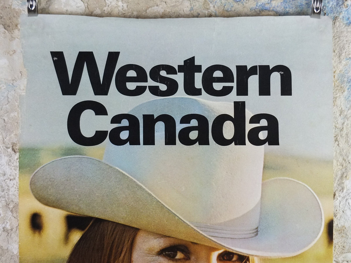 1970s Air Canada Poster, Western Canada smiling Cowgirl holding a dandilion, tourism vacation wall art decor