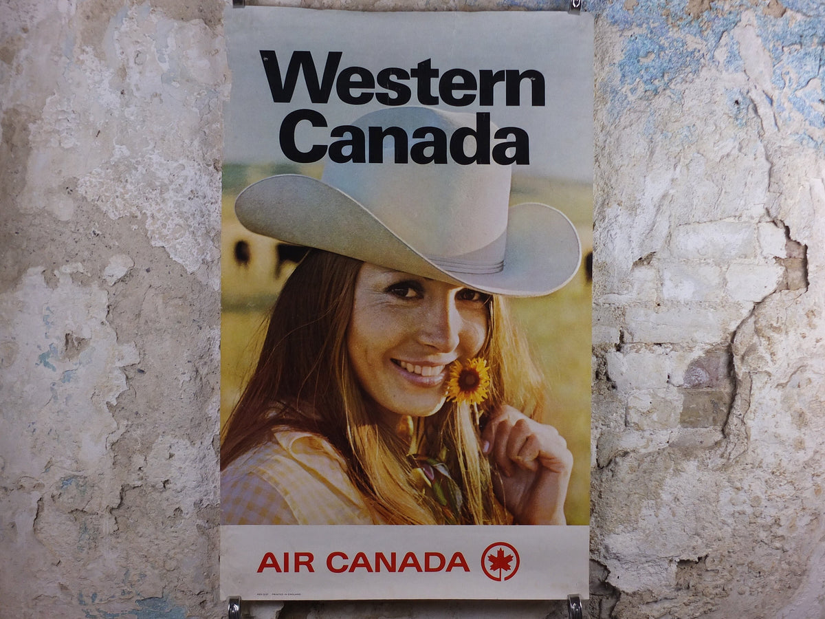 1970s Air Canada Poster, Western Canada smiling Cowgirl holding a dandilion, tourism vacation wall art decor