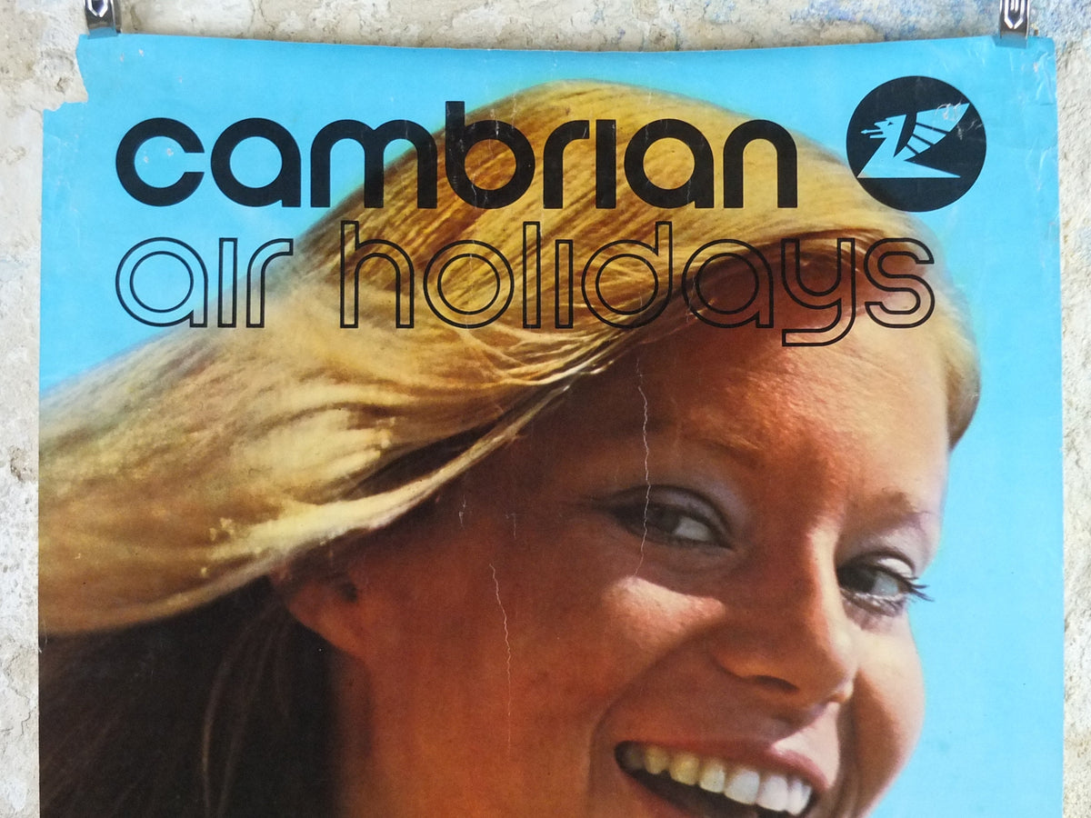1960s Cambrian Air Holidays Poster, direct from Cardiff and Bristol, smiling girl on the sunny beach, tourism vacation wall art decor