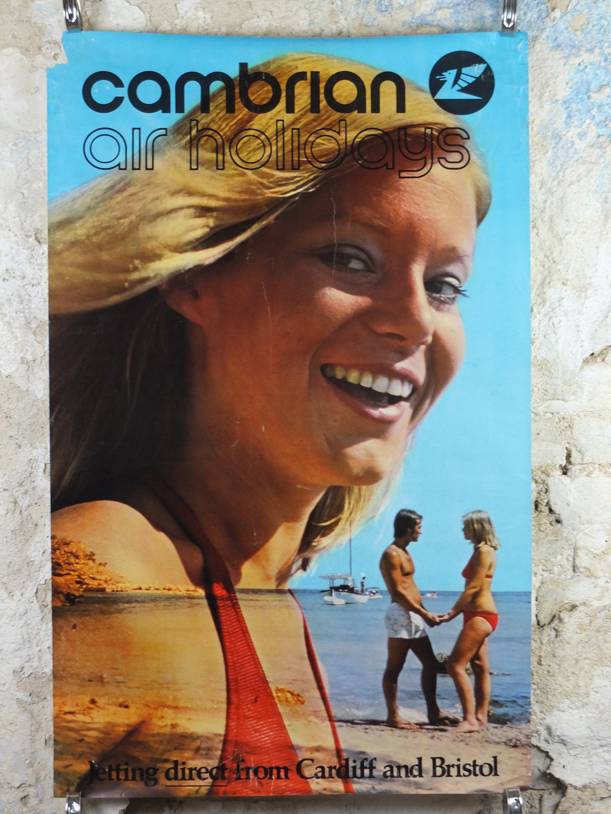 1960s Cambrian Air Holidays Poster, direct from Cardiff and Bristol, smiling girl on the sunny beach, tourism vacation wall art decor