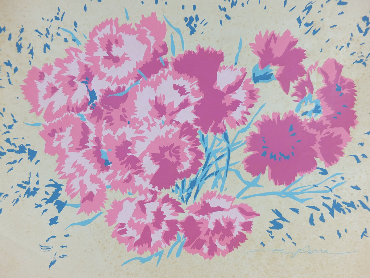 1930s Floral Poster by Guy Serre, French Flowers Fleurs, Original gouache artwork signed on this paper, wall art retro decor