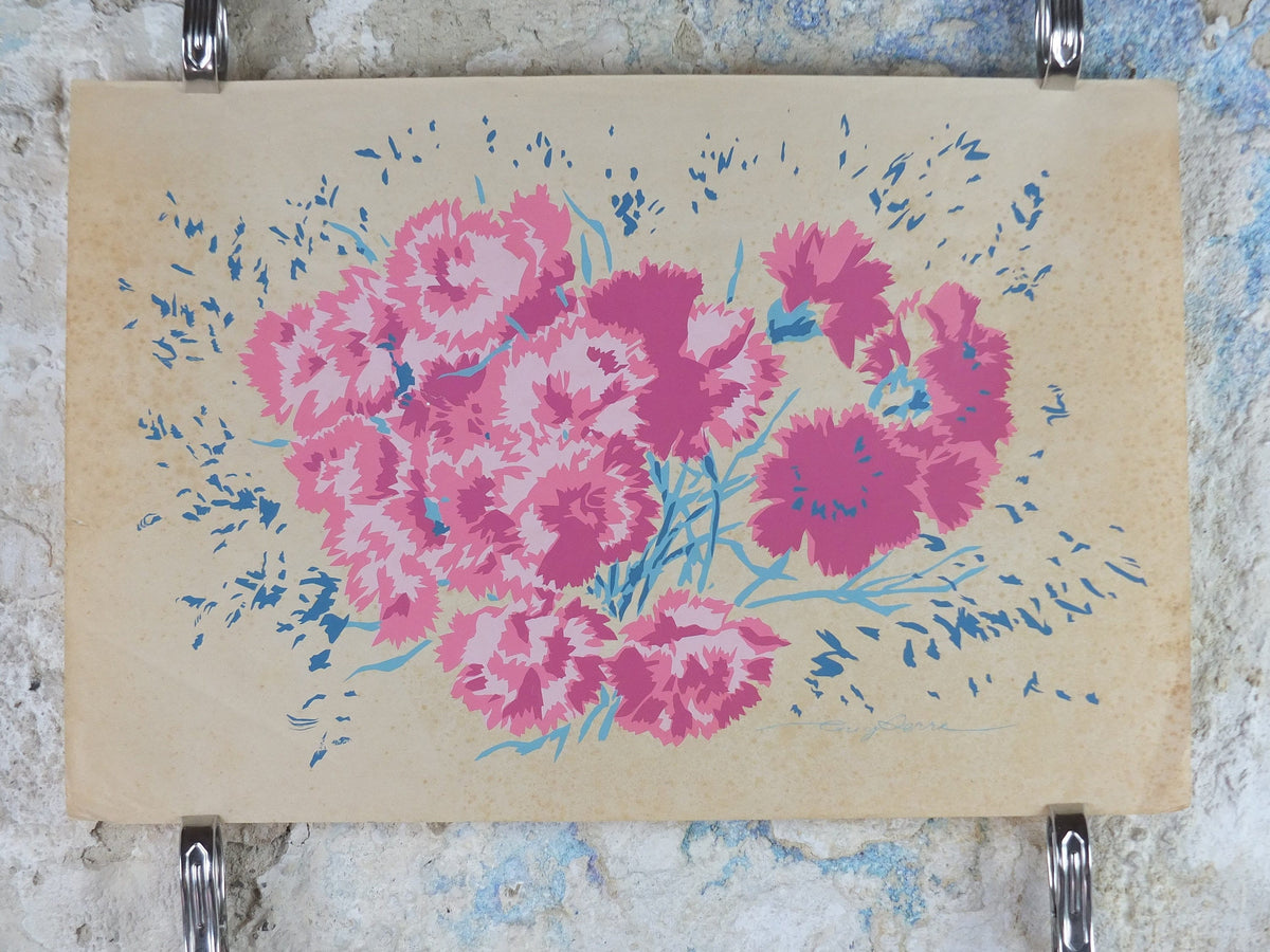 1930s Floral Poster by Guy Serre, French Flowers Fleurs, Original gouache artwork signed on this paper, wall art retro decor