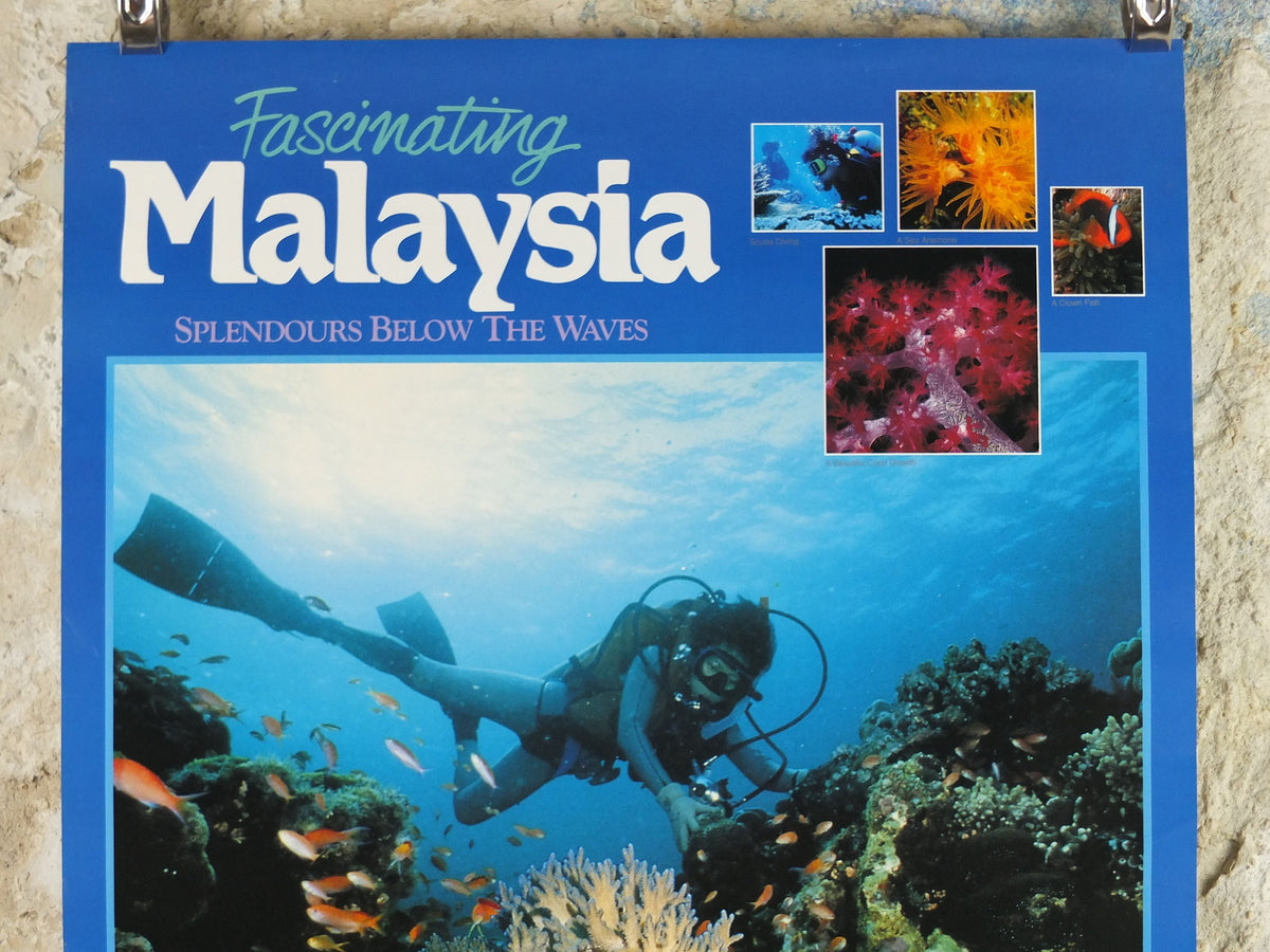 1990 Malaysia Travel Poster, Scuba Diving, Snorkling, Coral Reef, tropical fish, travel tourism, advertising print, wall art retro decor