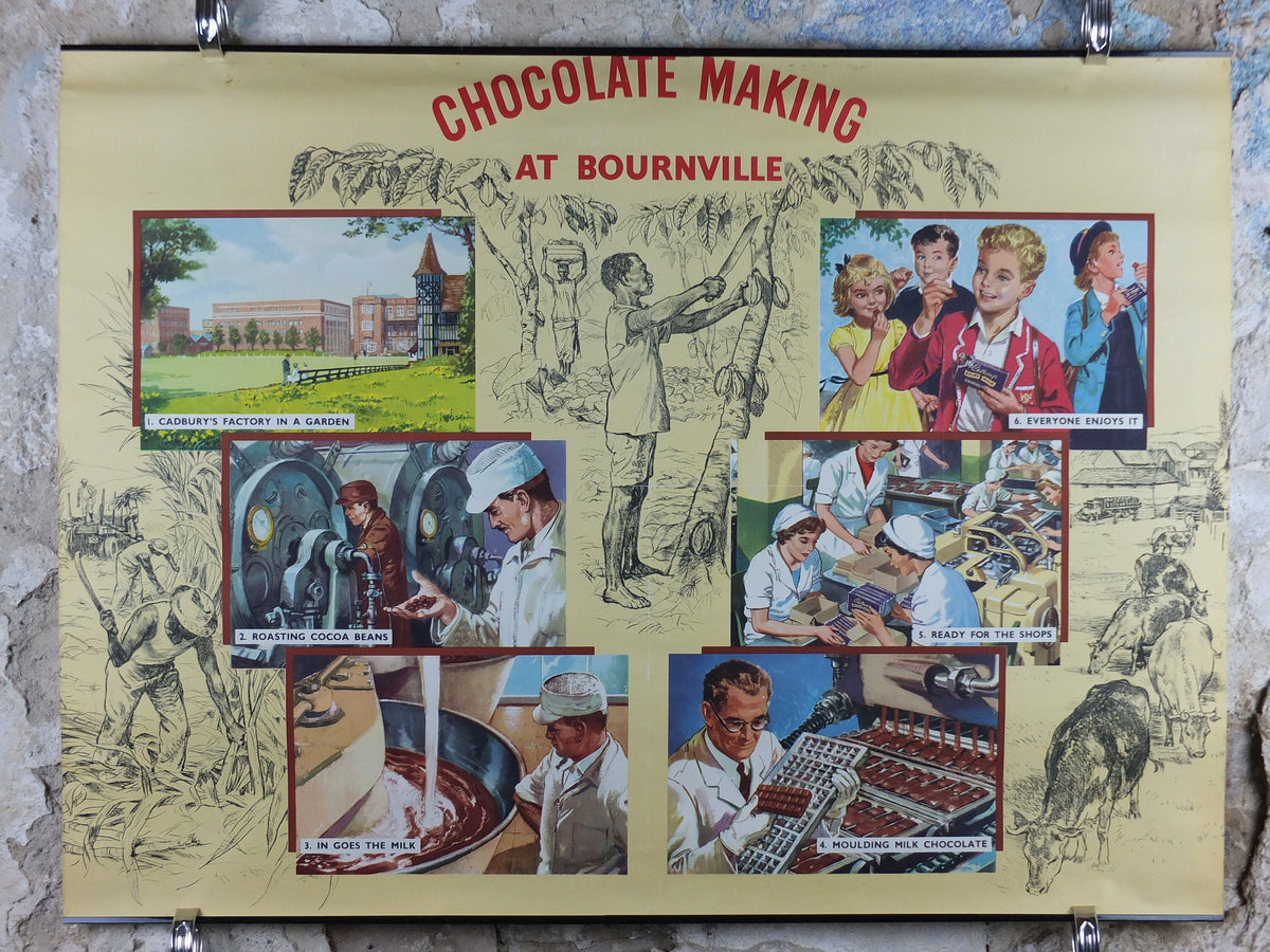 Original 1960s Cadbury Chocolate Poster, Chocolate making in Bournville, Cadburys Advertising, wall art retro decor