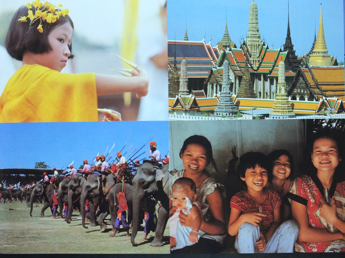 1990s Thailand Travel Poster, culture, beaches, people, markets, temples, elephants, travel tourism, advertising print, wall art retro decor