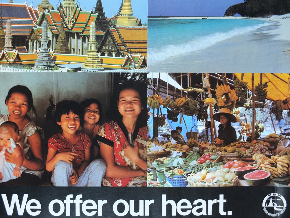 1990s Thailand Travel Poster, culture, beaches, people, markets, temples, elephants, travel tourism, advertising print, wall art retro decor