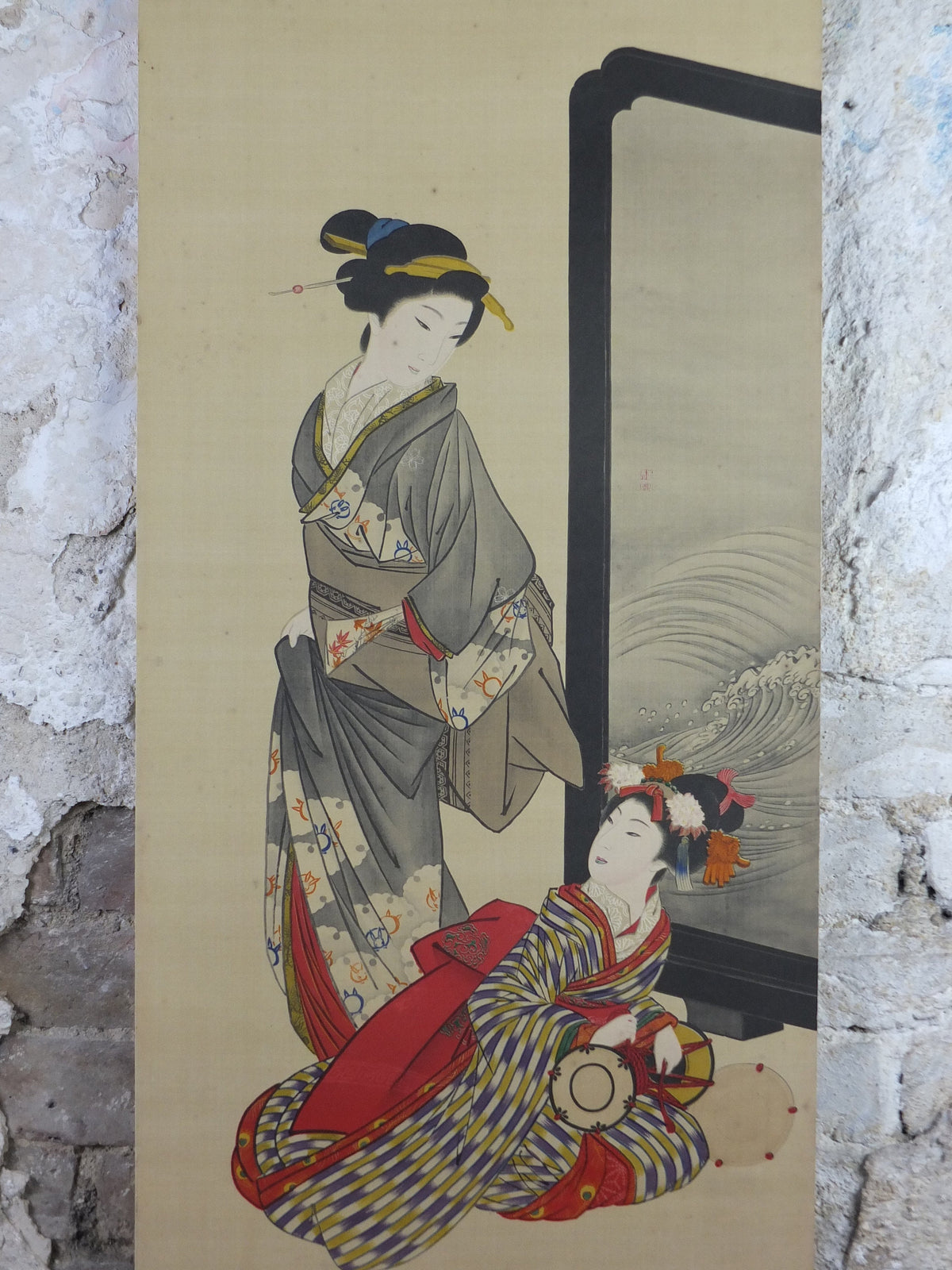 Japanese Geisha Poster, Geisha girls in kimono, window or painting with waves, early 20th Century, wall art retro