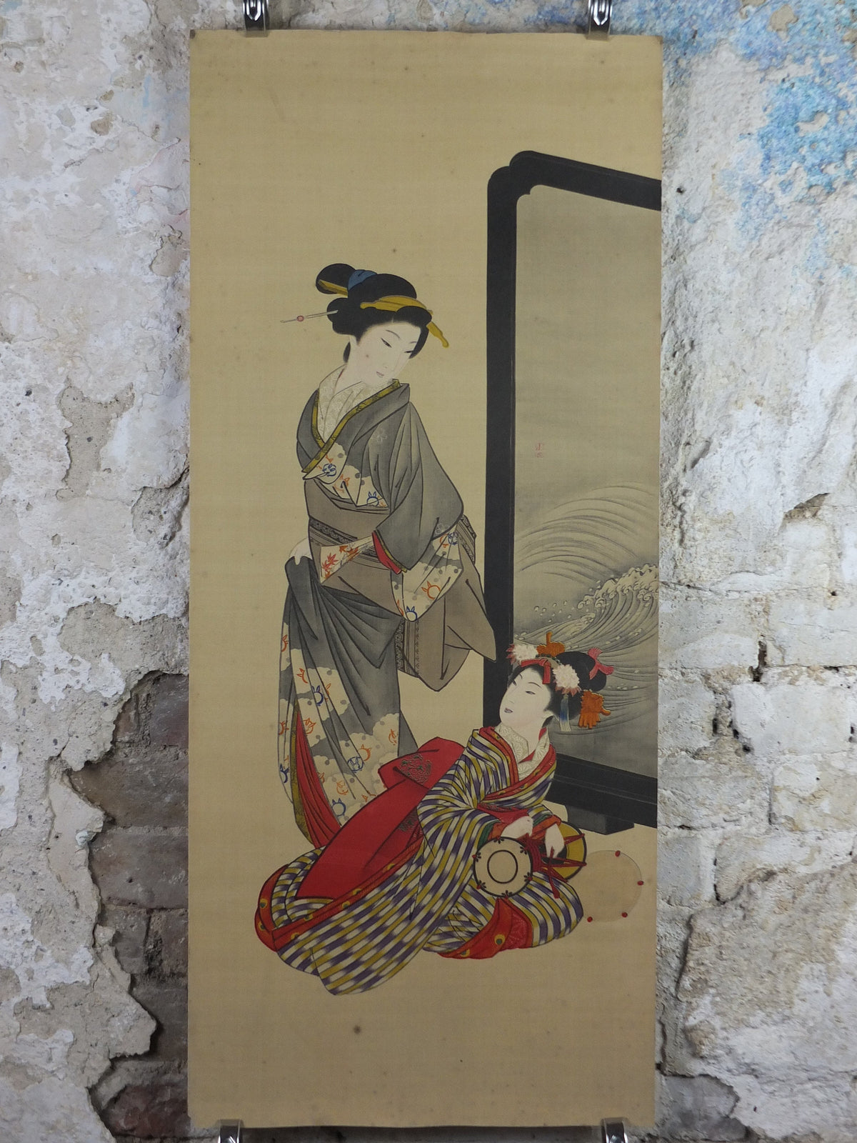 Japanese Geisha Poster, Geisha girls in kimono, window or painting with waves, early 20th Century, wall art retro