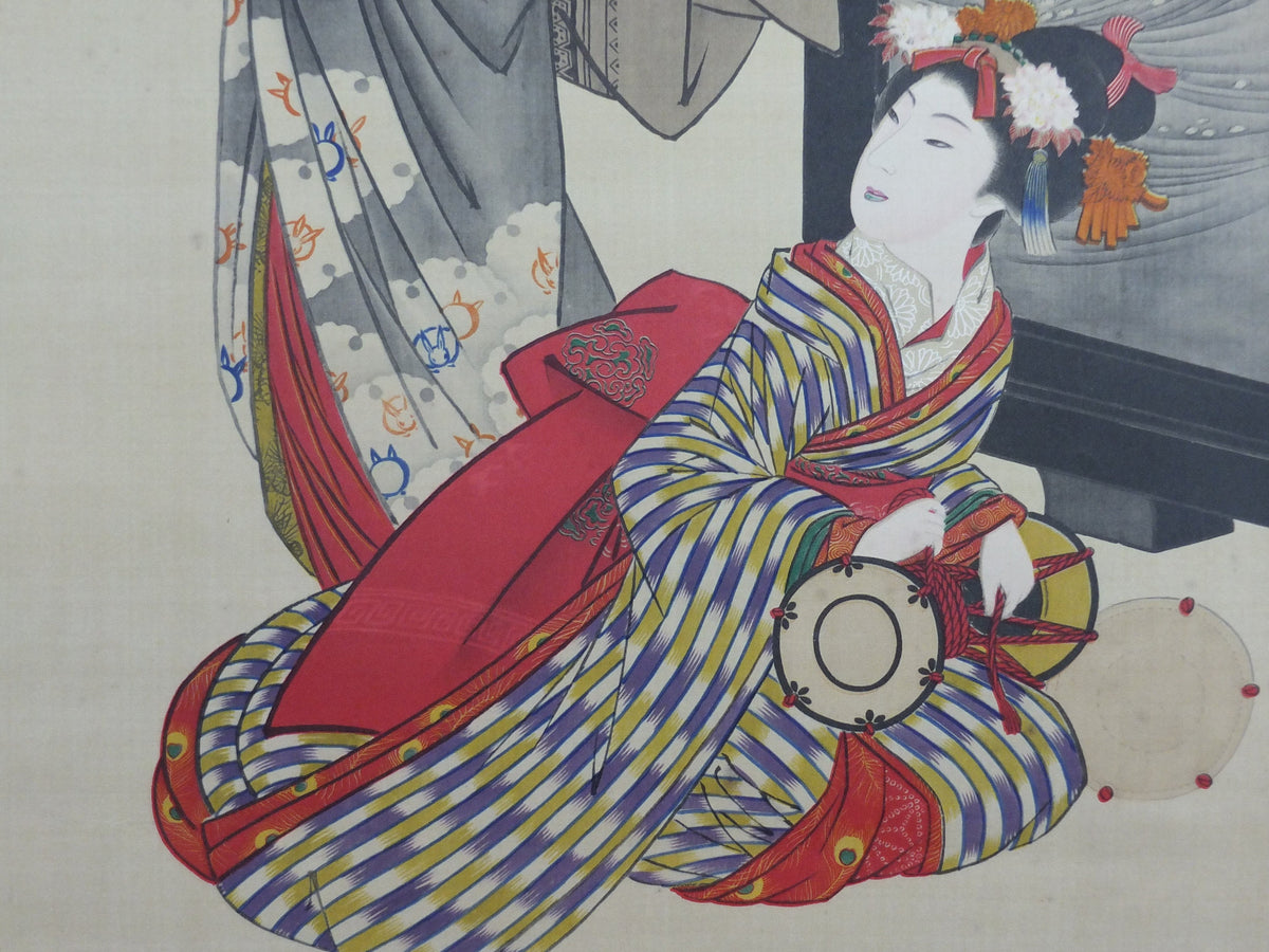 Japanese Geisha Poster, Geisha girls in kimono, window or painting with waves, early 20th Century, wall art retro