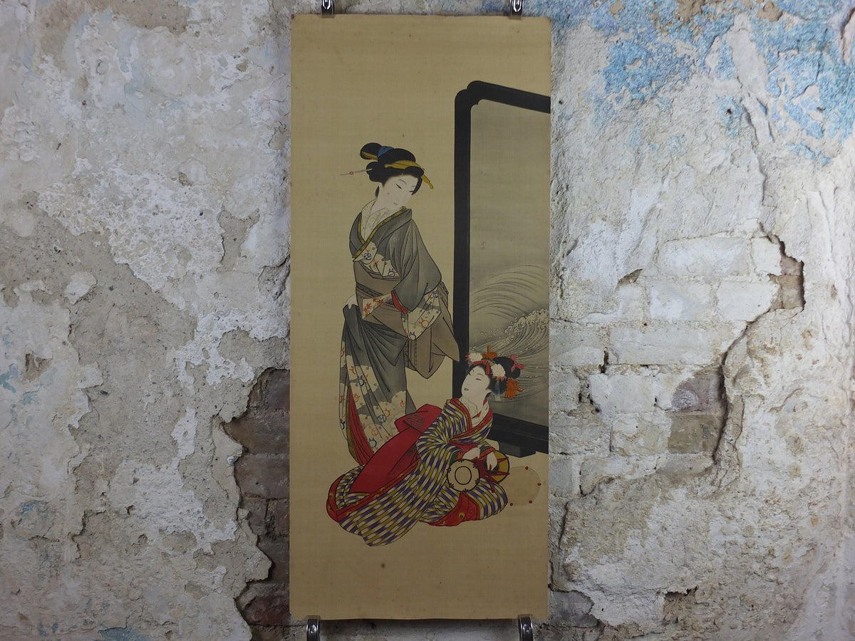Japanese Geisha Poster, Geisha girls in kimono, window or painting with waves, early 20th Century, wall art retro