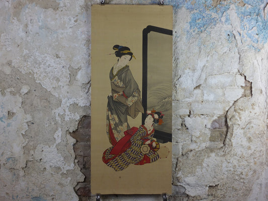Japanese Geisha Poster, Geisha girls in kimono, window or painting with waves, early 20th Century, wall art retro