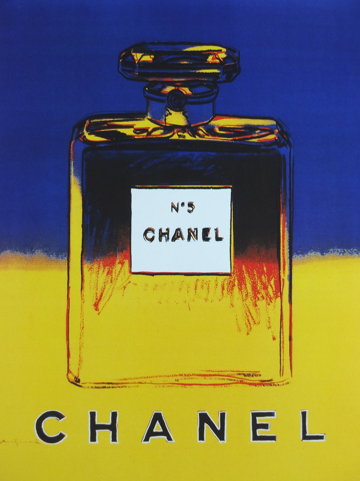 No 5 Chanel Poster, by Andy Warhol, perfume and cosmetics, bold yellow and blue, French reproduction from 1985, art deco, wall art decor