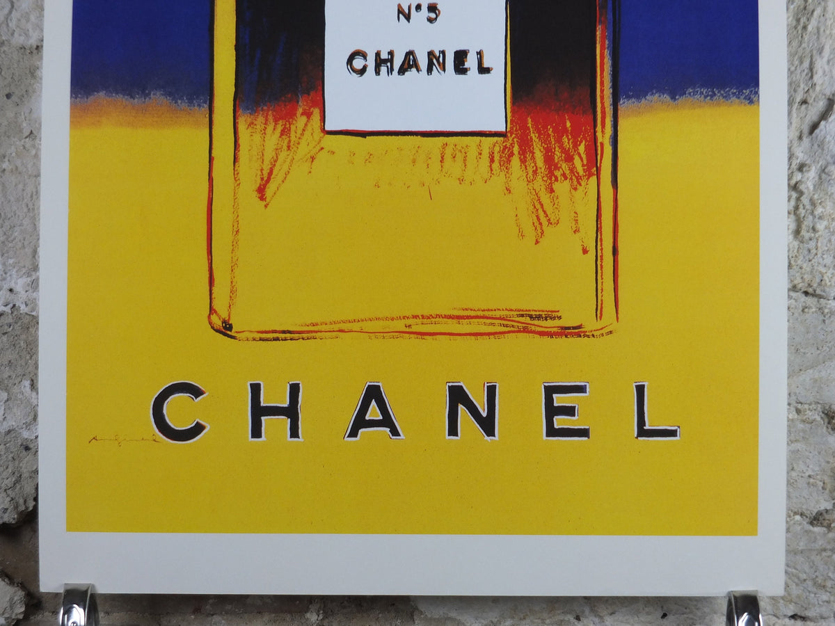 No 5 Chanel Poster, by Andy Warhol, perfume and cosmetics, bold yellow and blue, French reproduction from 1985, art deco, wall art decor