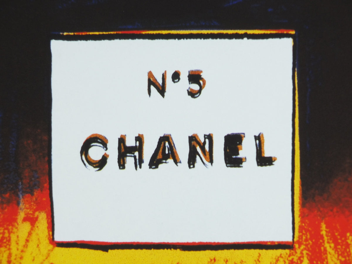 No 5 Chanel Poster, by Andy Warhol, perfume and cosmetics, bold yellow and blue, French reproduction from 1985, art deco, wall art decor