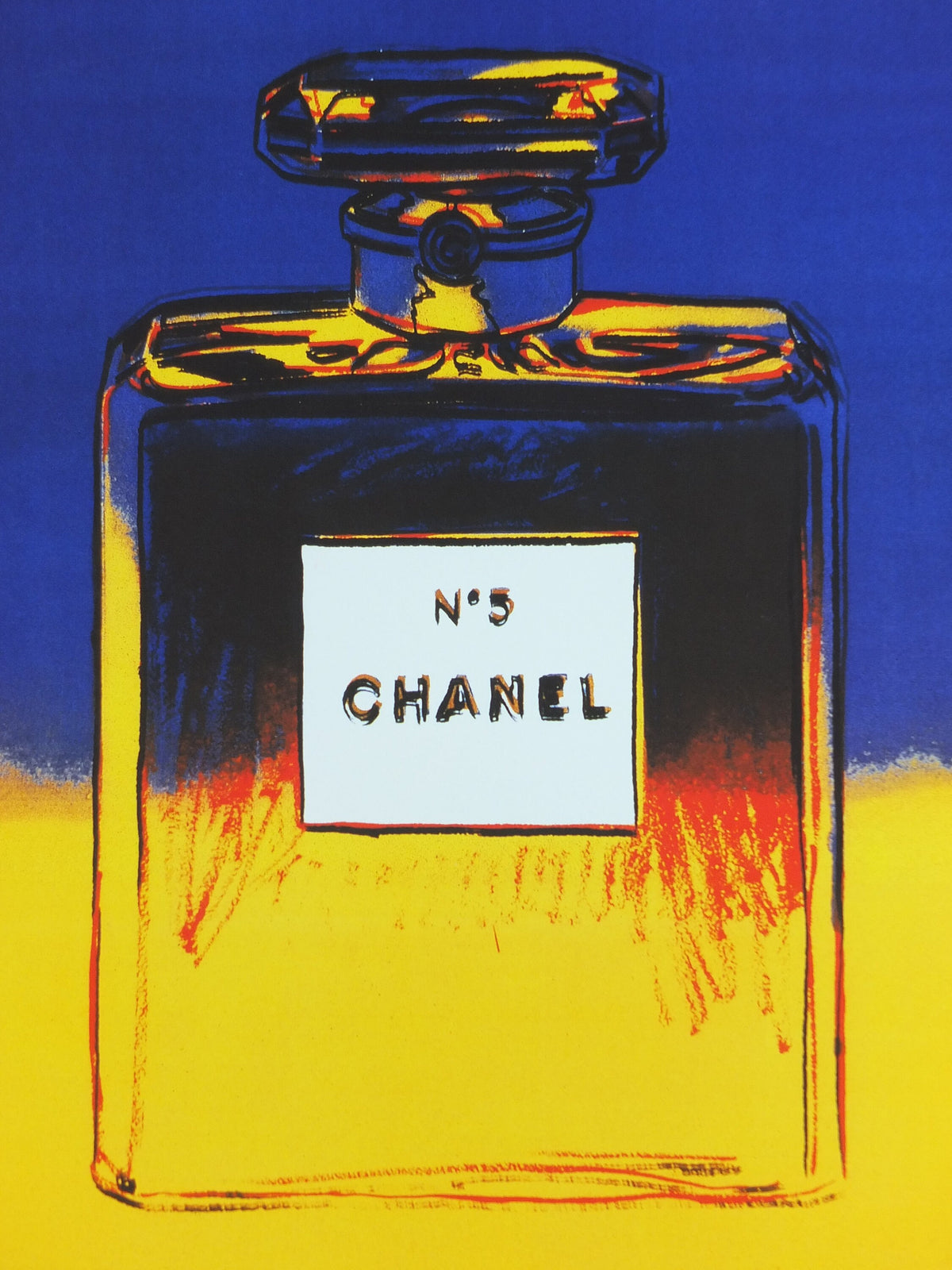 No 5 Chanel Poster, by Andy Warhol, perfume and cosmetics, bold yellow and blue, French reproduction from 1985, art deco, wall art decor
