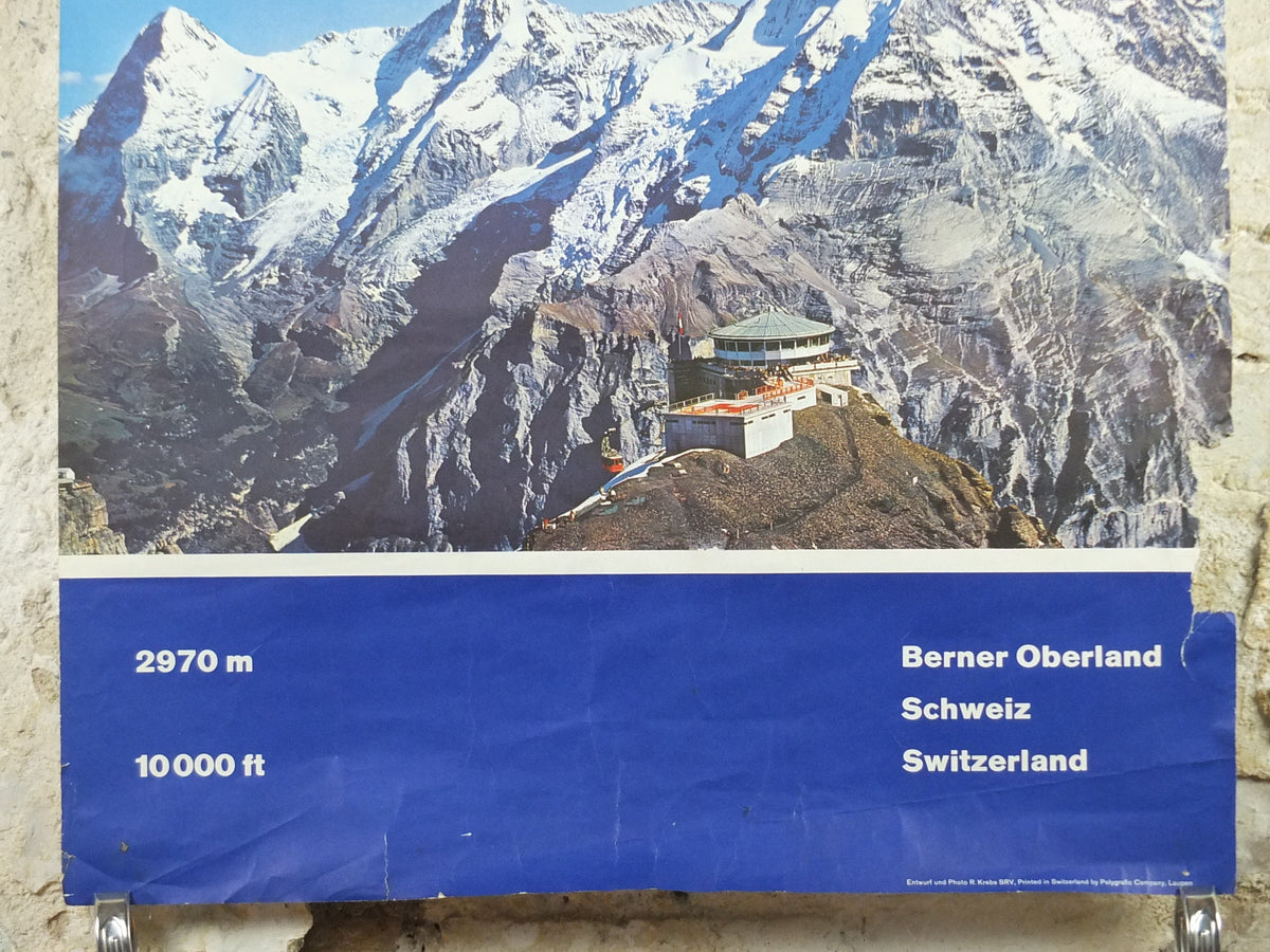 1960s Schilthornbahn Skiing Poster, Murren, Switzerland, Schweiz, Suisse, damaged, Piz Gloria Mountain, tourism vacation wall art decor