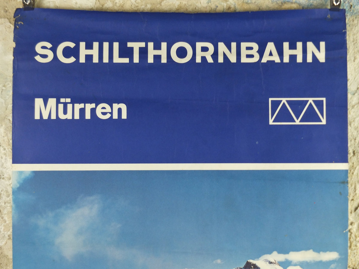 1960s Schilthornbahn Skiing Poster, Murren, Switzerland, Schweiz, Suisse, damaged, Piz Gloria Mountain, tourism vacation wall art decor