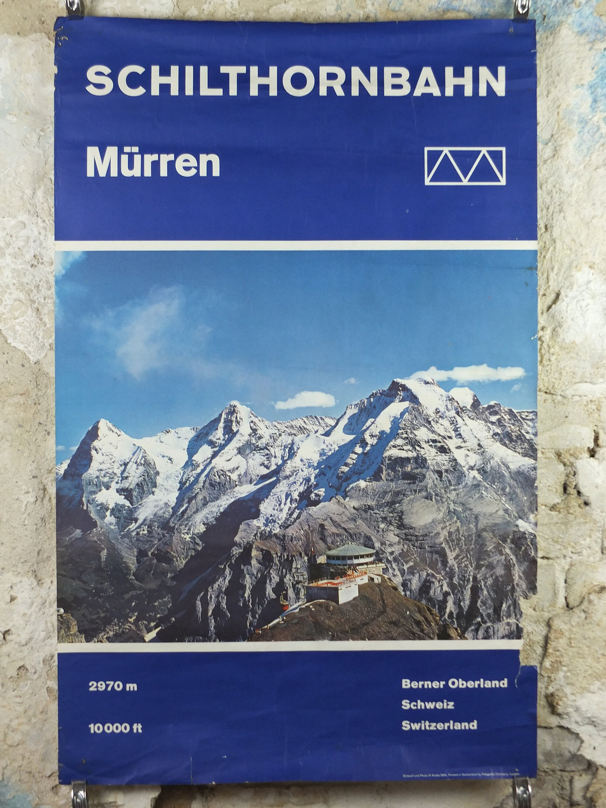1960s Schilthornbahn Skiing Poster, Murren, Switzerland, Schweiz, Suisse, damaged, Piz Gloria Mountain, tourism vacation wall art decor