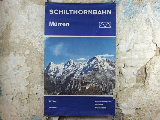 1960s Schilthornbahn Skiing Poster, Murren, Switzerland, Schweiz, Suisse, damaged, Piz Gloria Mountain, tourism vacation wall art decor