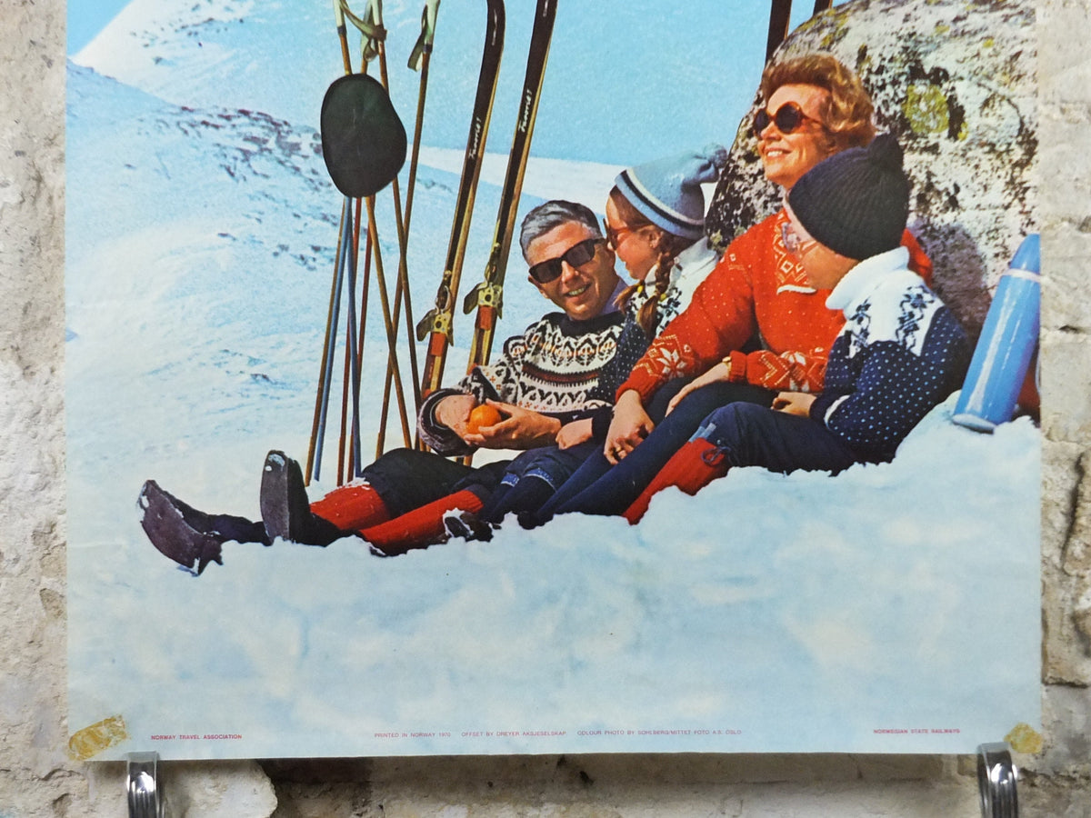 1970 Norway Skiing Poster, Snow, Sun, Fun, Norway Travel Association for Norwegian State Railways, tourism skiing vacation wall art decor