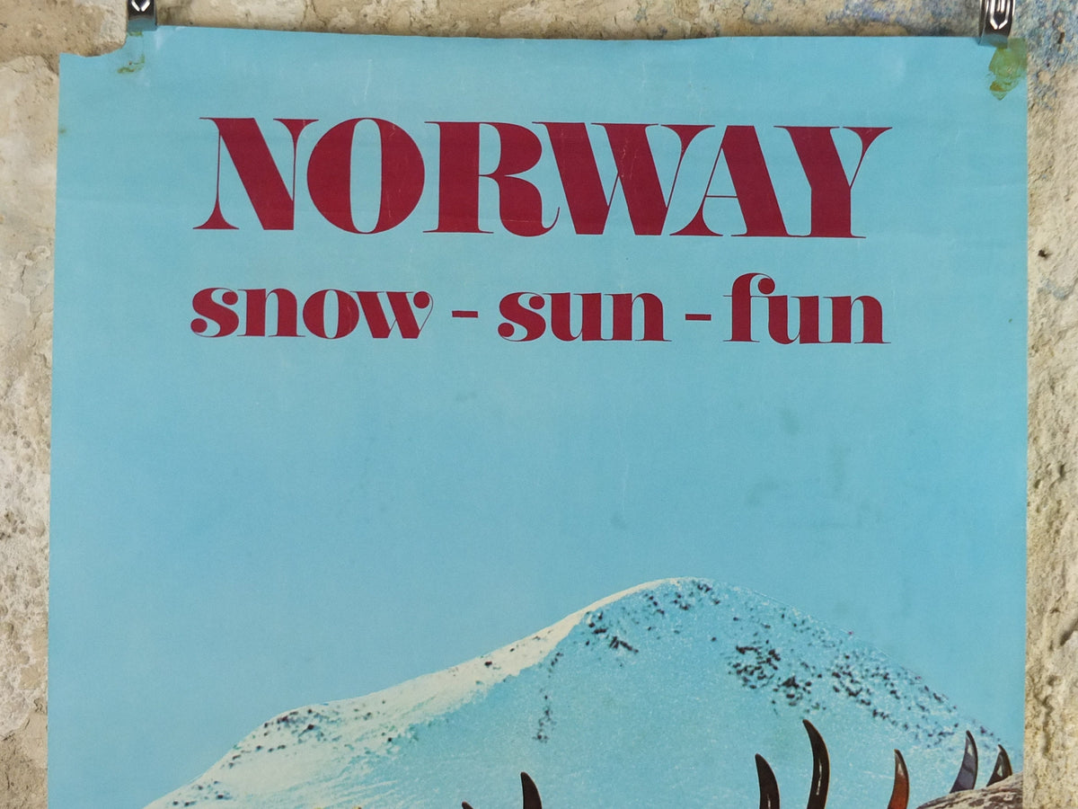 1970 Norway Skiing Poster, Snow, Sun, Fun, Norway Travel Association for Norwegian State Railways, tourism skiing vacation wall art decor