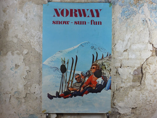 1970 Norway Skiing Poster, Snow, Sun, Fun, Norway Travel Association for Norwegian State Railways, tourism skiing vacation wall art decor
